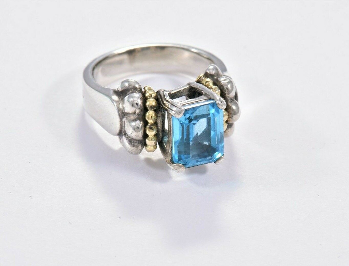 Vintage Lagos Blue Topaz Glacier Caviar Sterling Silver 18k Yellow Gold Ring