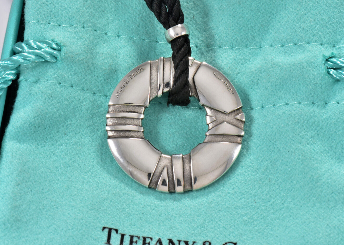 Tiffany & Co Silver Atlas Roman Numeral Round Pendant XL Silk Rope Cord Necklace