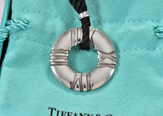 Tiffany & Co Silver Atlas Roman Numeral Round Pendant XL Silk Rope Cord Necklace