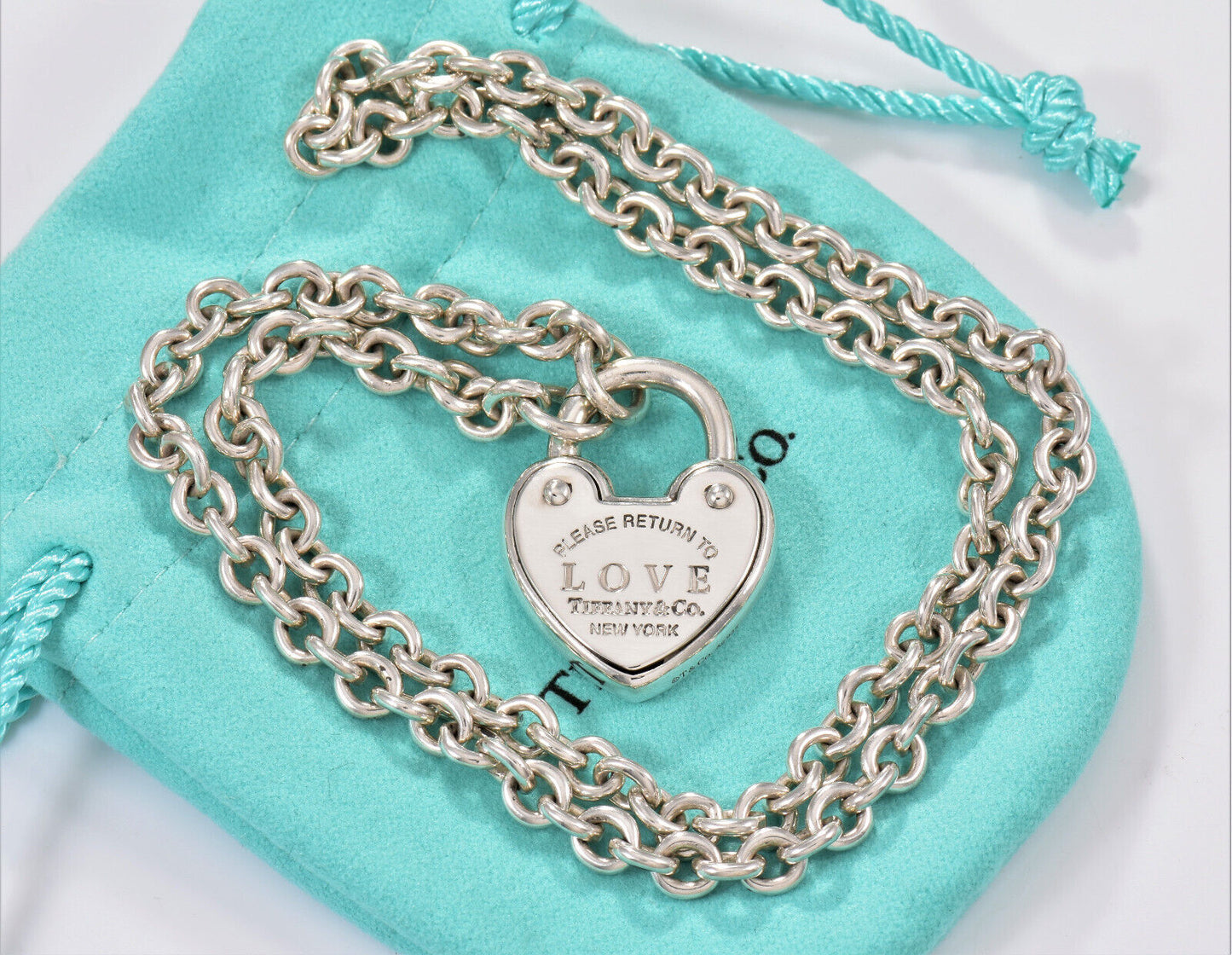 Please Return Tiffany & Co Silver Love Lock Heart Charm 18" Necklace in Pouch