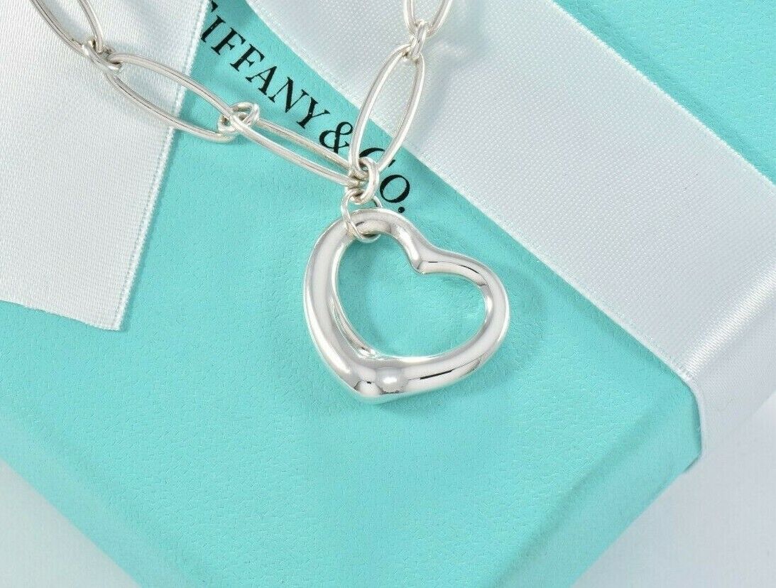 Tiffany & Co Elsa Peretti Silver Open Heart Oval Linked Chain 6" Bracelet Pouch