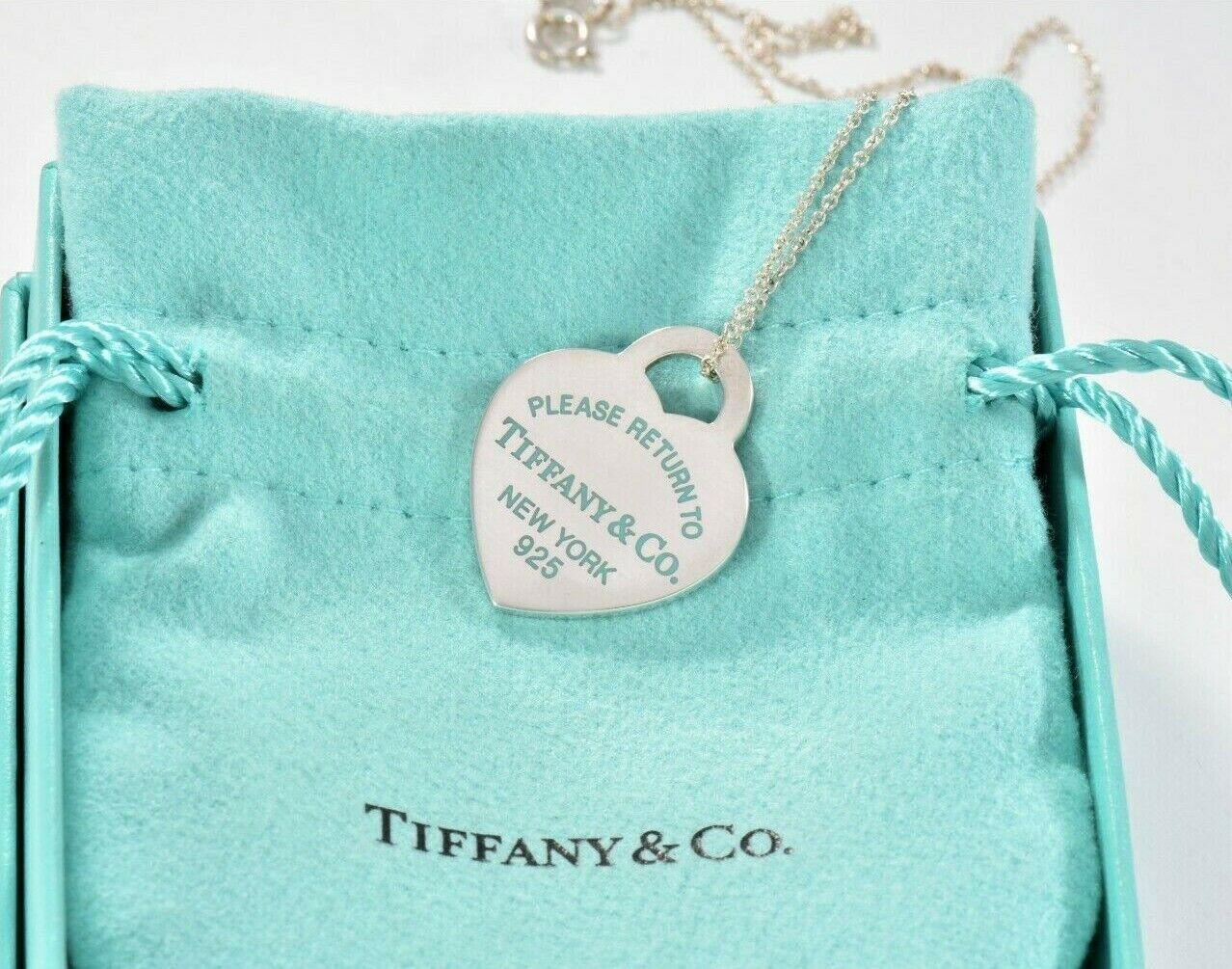 Please Return To Tiffany & Co Silver Heart Blue Enamel Letters 16" Necklace Rare