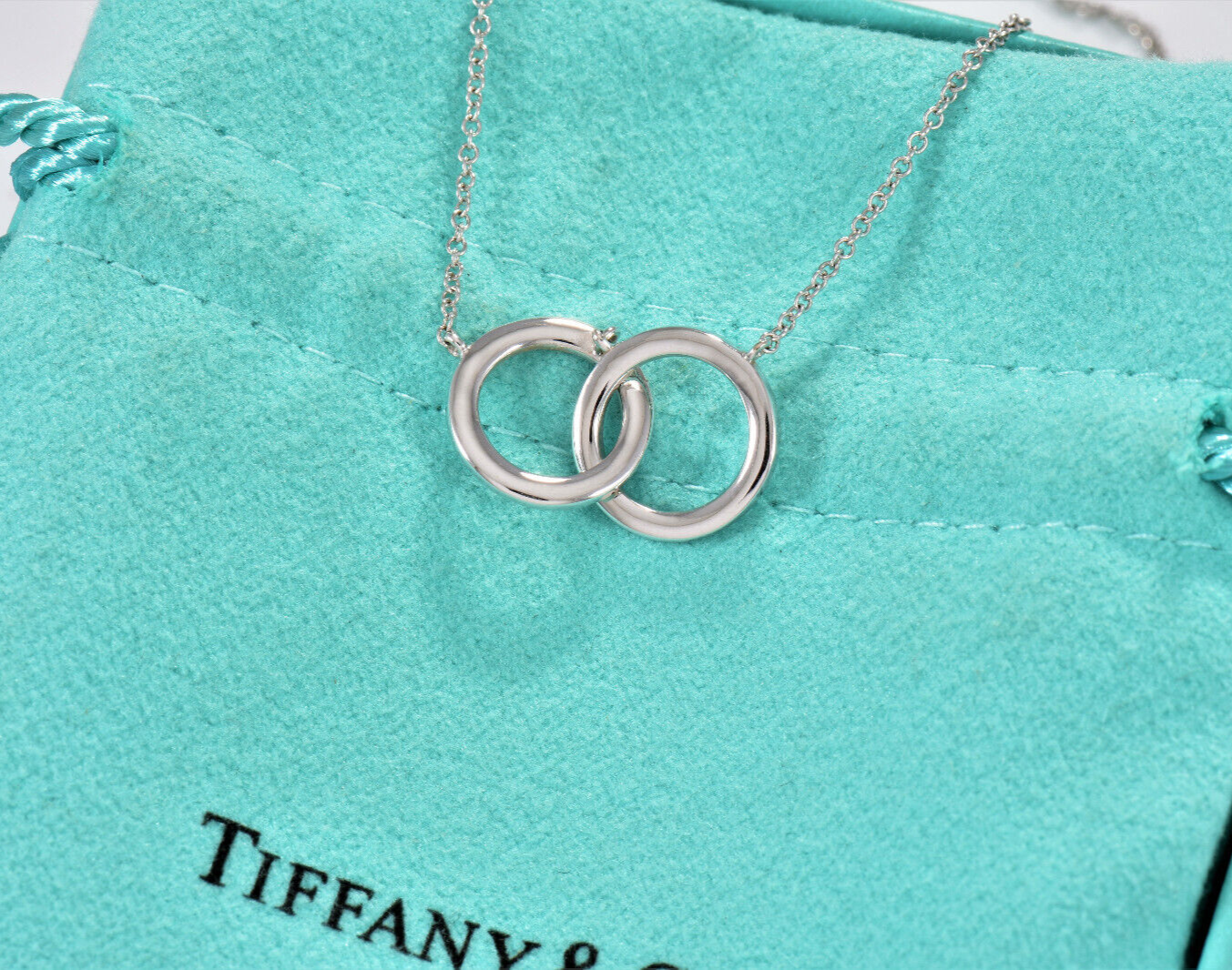 Tiffany & Co Diamond 18k White Gold Interlocking Circles Rings Pendant Necklace