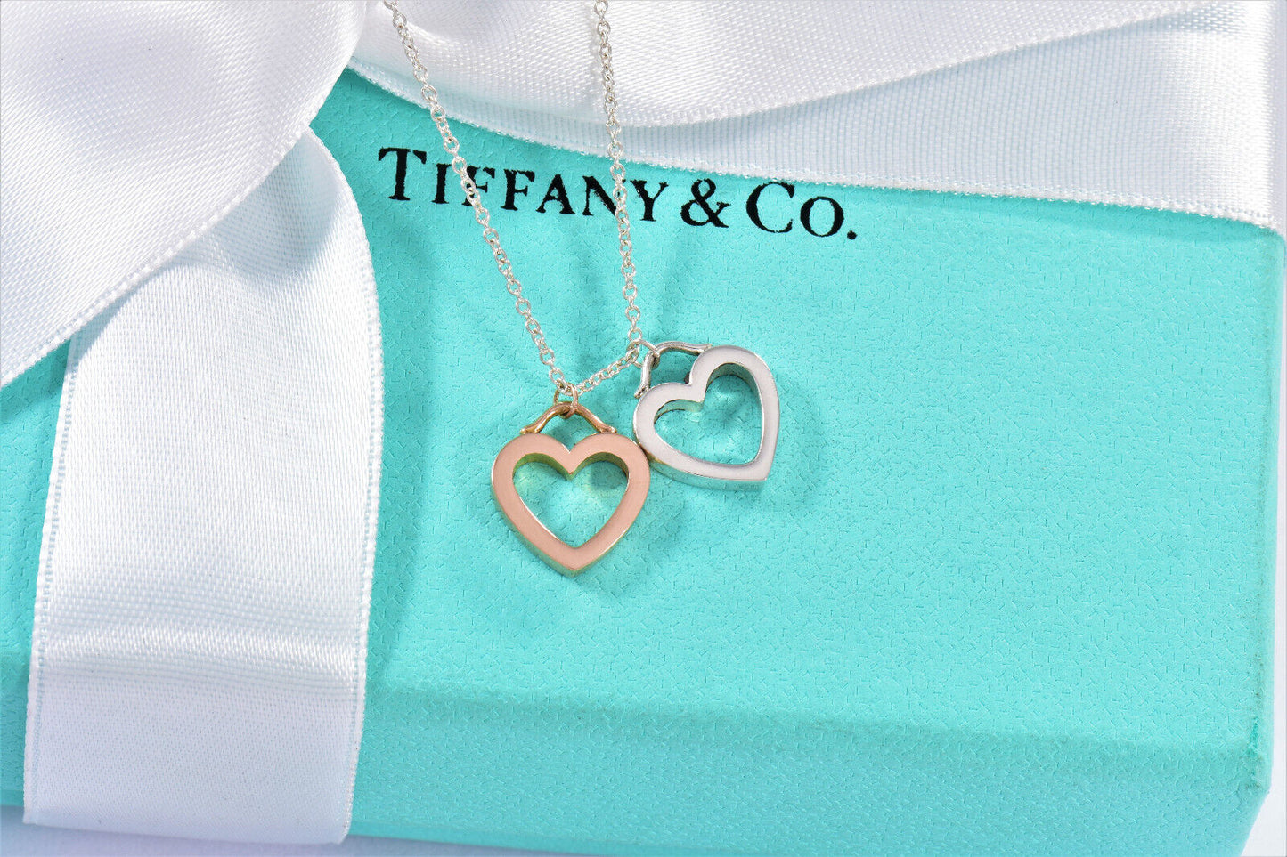 Tiffany & Co 18K Gold Silver Sentimental Heart Two Pendant 16.25" Necklace Boxed