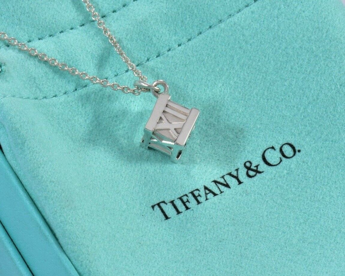 Tiffany & Co Italy Sterling Silver Atlas Cube Pendant Necklace in Pouch Rare