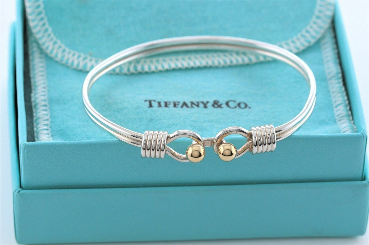 Vintage Tiffany & Co Silver 18K Gold Ball Coil Hook Bangle 6.6" Bracelet Cuff