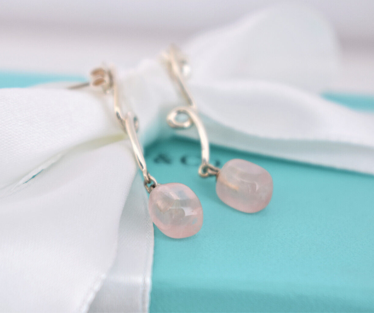 Tiffany & Co Silver Rose Quartz Gemstone Twist Dangling Earrings in Pouch Dangle