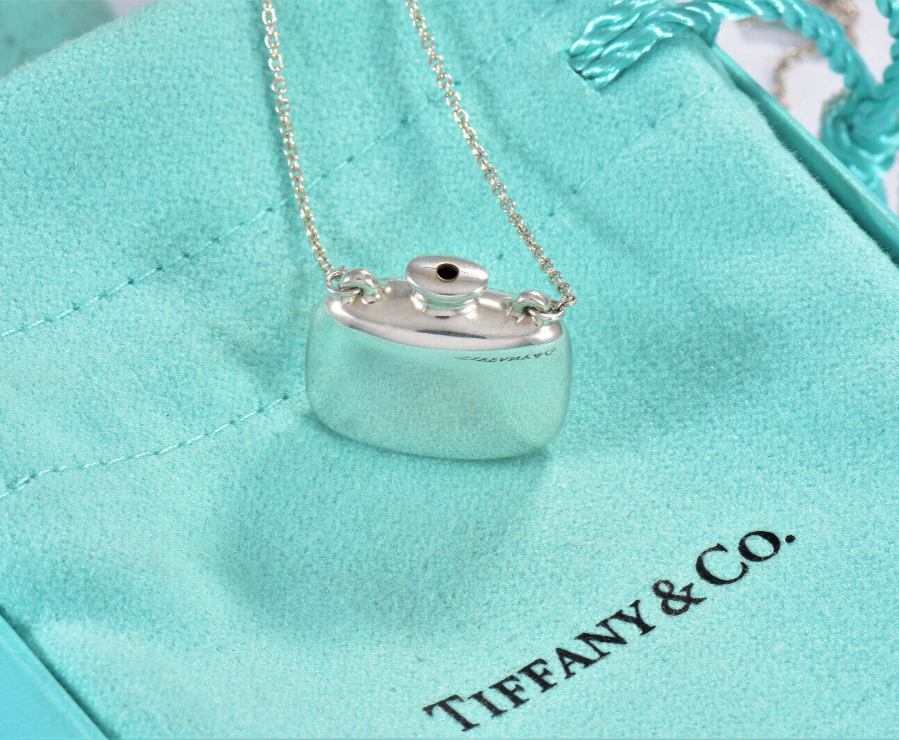 Tiffany & Co Silver Elsa Peretti Square Bottle Pendant 25" Necklace & Pouch Rare