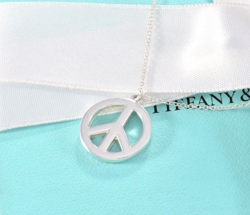 Tiffany & Co Sterling Silver Peace Love Charm Pendant 17.75" Necklace Box Pouch