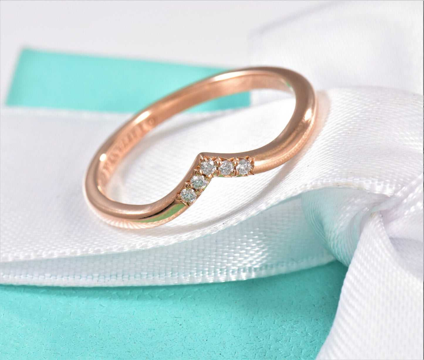 Tiffany & Co Diamond Rose Gold Soleste V Ring Size 7.5 in Box Pouch Lovely