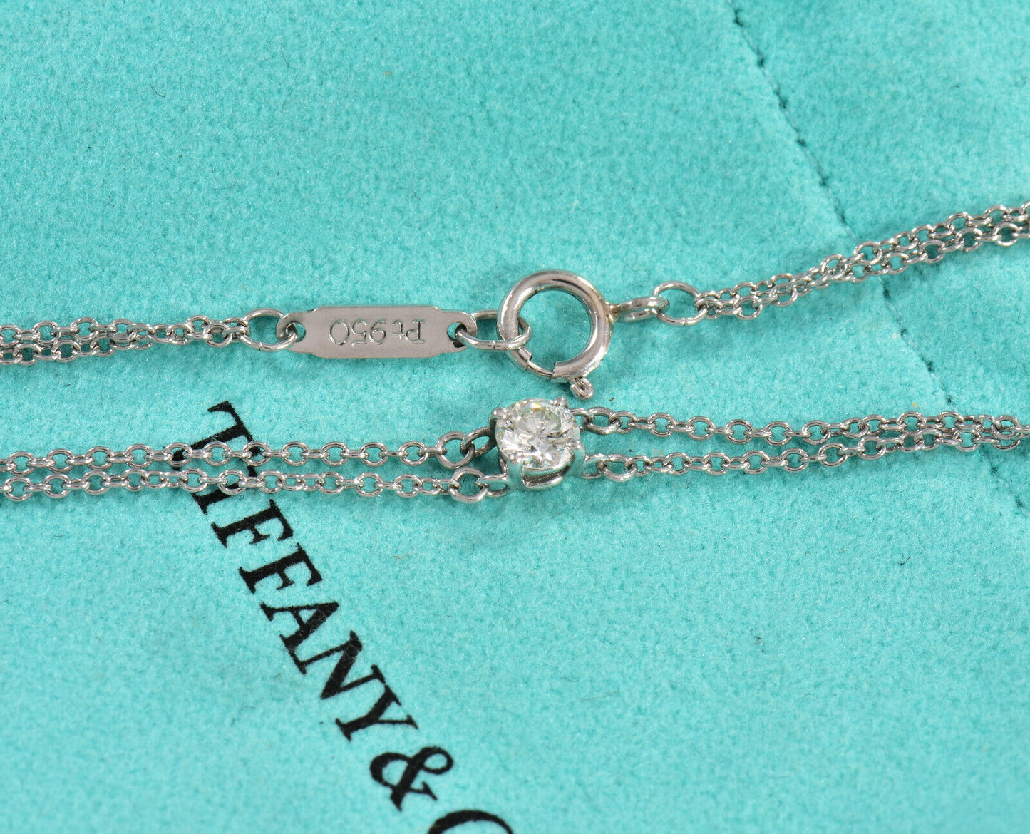 Tiffany & Co .17 ct Diamond Solitaire Platinum Double Chain Bracelet & Box Pouch