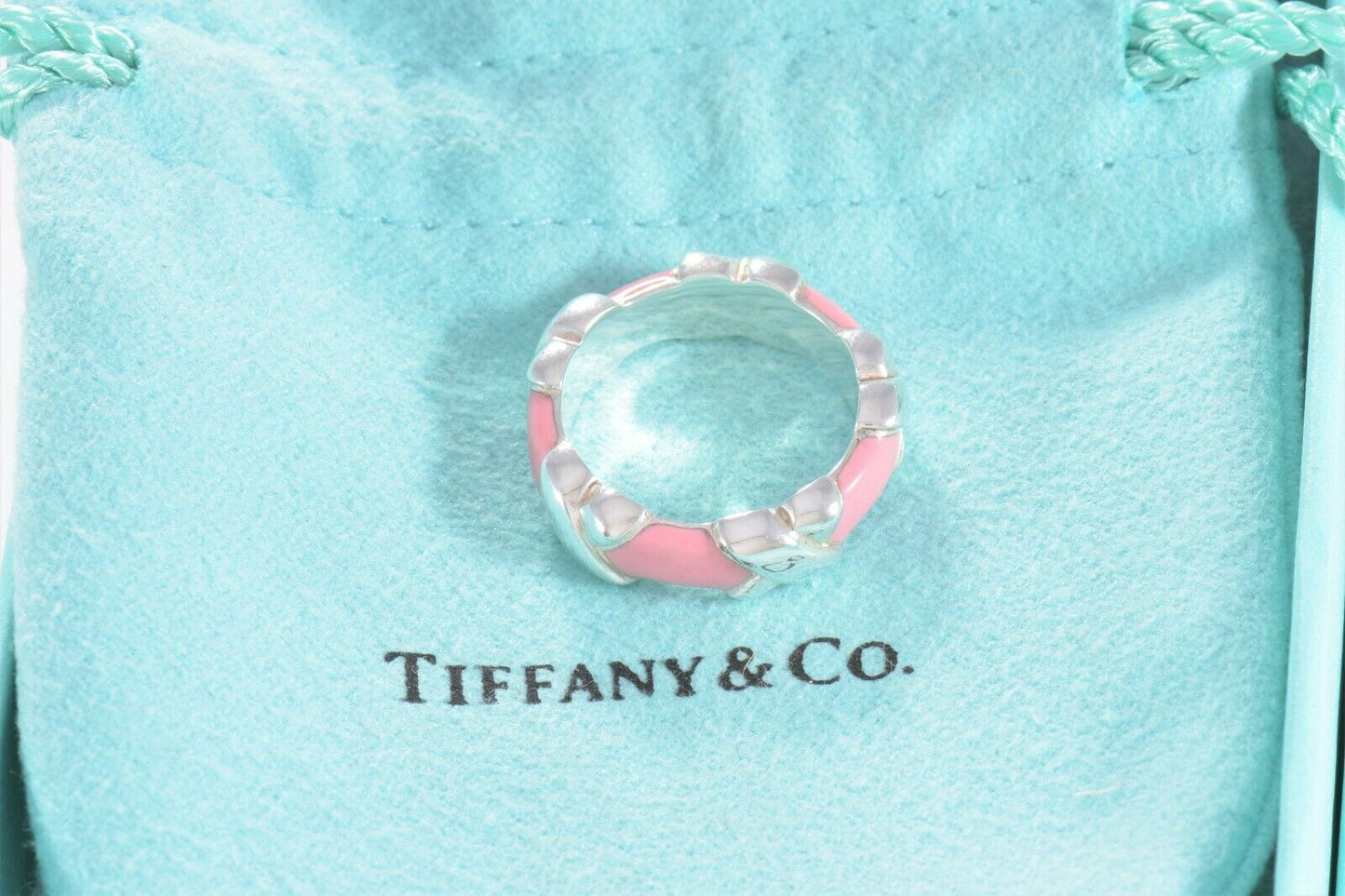 Tiffany & Co Silver Pink Enamel Signature X Stack Band Ring Size 9 in Pouch Rare