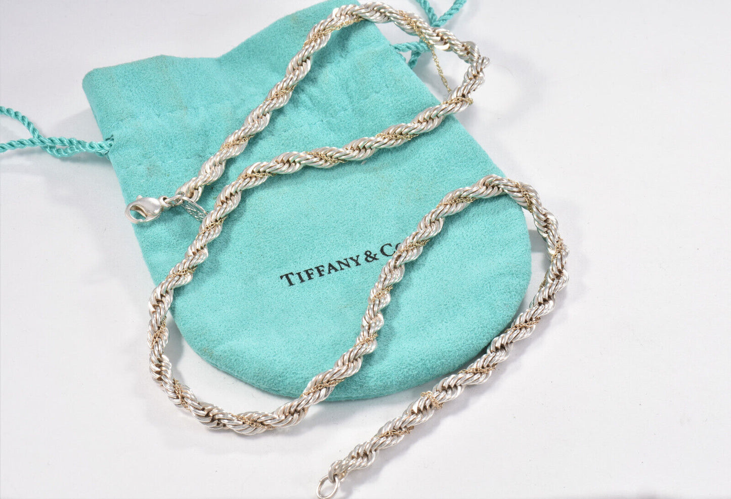 Tiffany & Co 18K Gold Silver 18" Rope Chain Necklace in Pouch Unisex Mens Twist