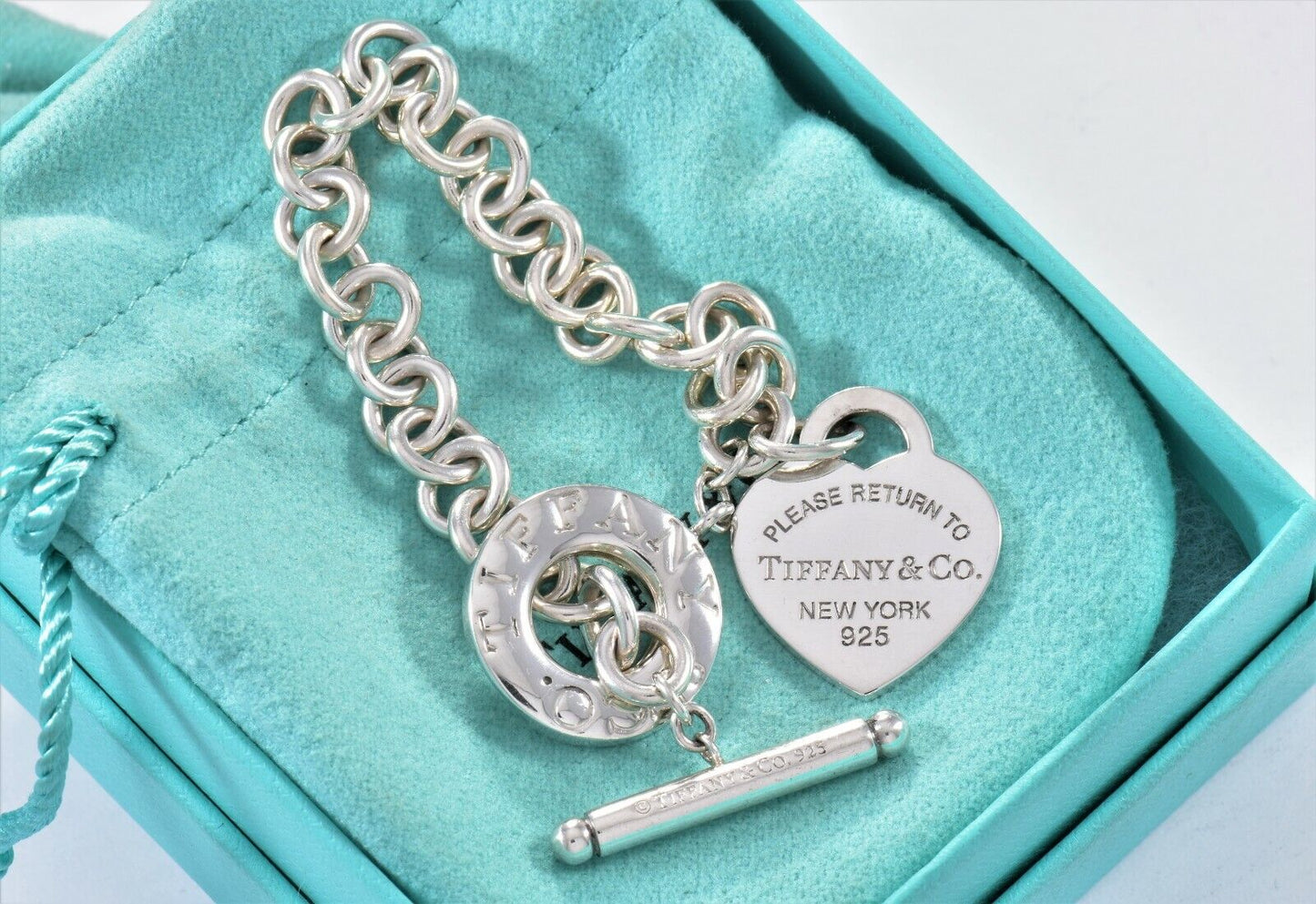 Please Return To Tiffany & Co Silver Blue Enamel Heart Toggle Chain Bracelet