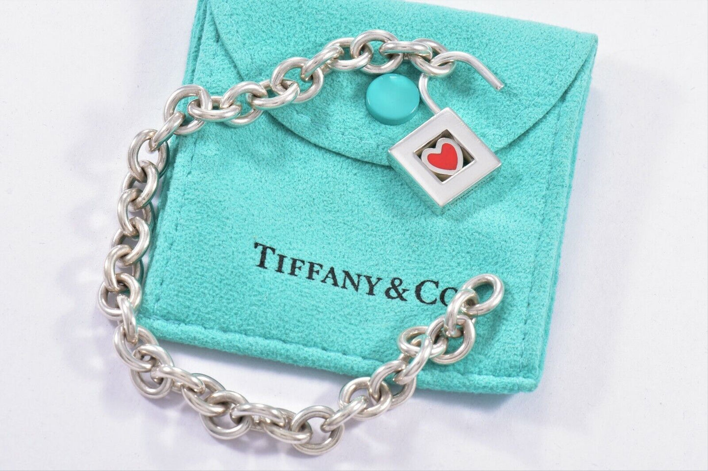 Tiffany & Co Sterling Silver Red Enamel Heart Lock 8" Chain Link Bracelet Rare