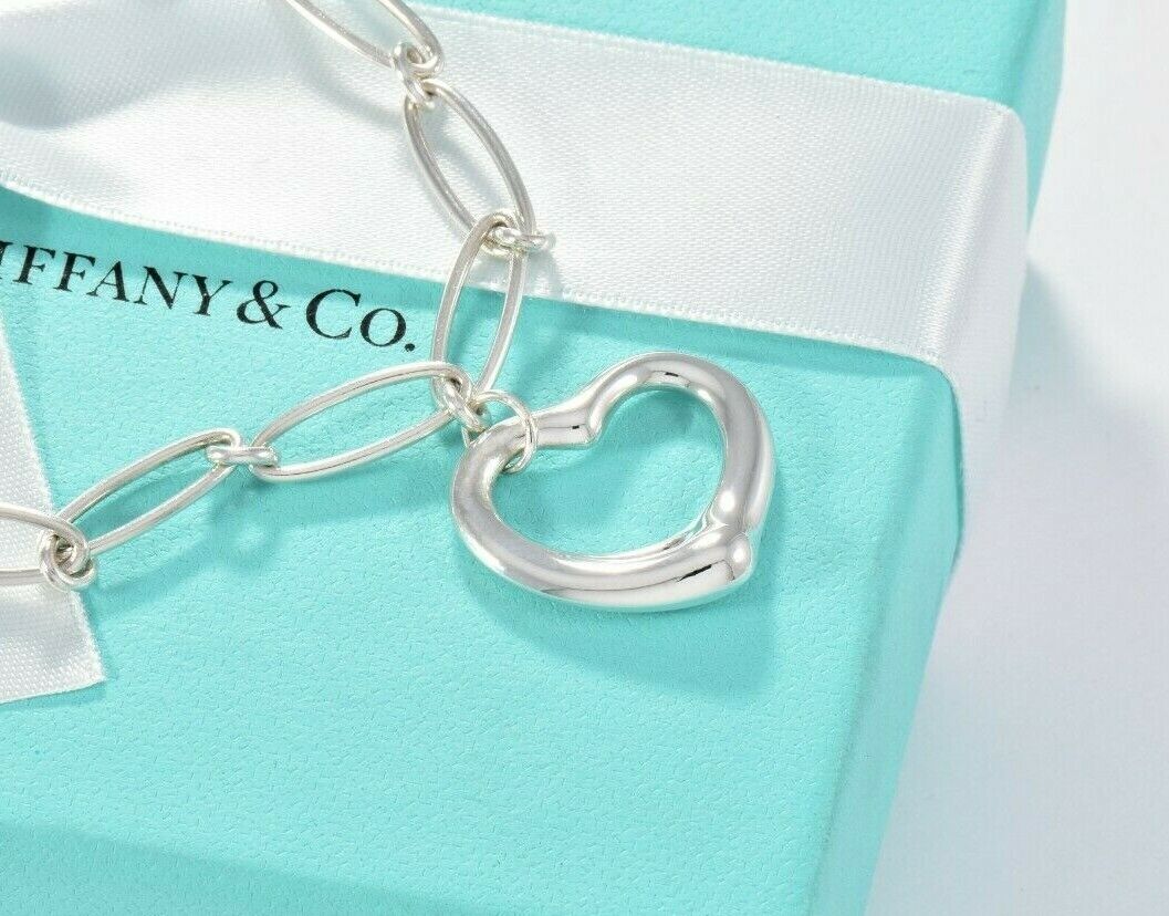 Tiffany & Co Elsa Peretti Silver Open Heart Oval Linked Chain 6" Bracelet Pouch