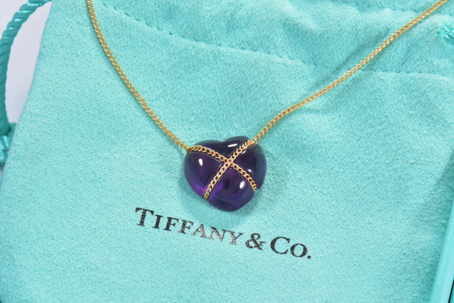 Tiffany & Co 18K Gold Amethyst Heart Pendant 18" Fringe Chain Necklace Box Pouch