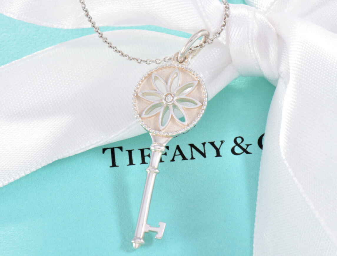 Tiffany & Co Silver Diamond Daisy Flower 1.5" Key Pendant 18" Necklace in Box