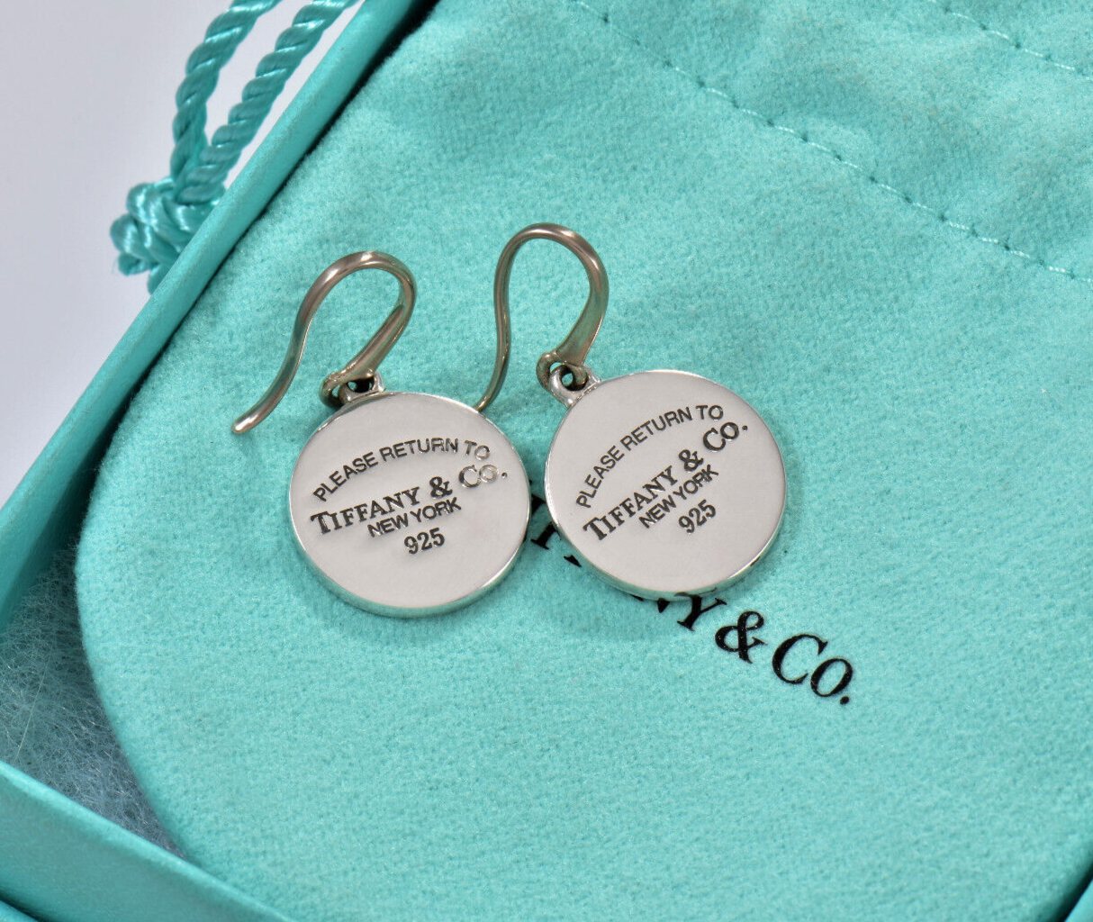 Please Return To Tiffany & Co Silver Round Disk Circle Hook Earrings & Box Pouch