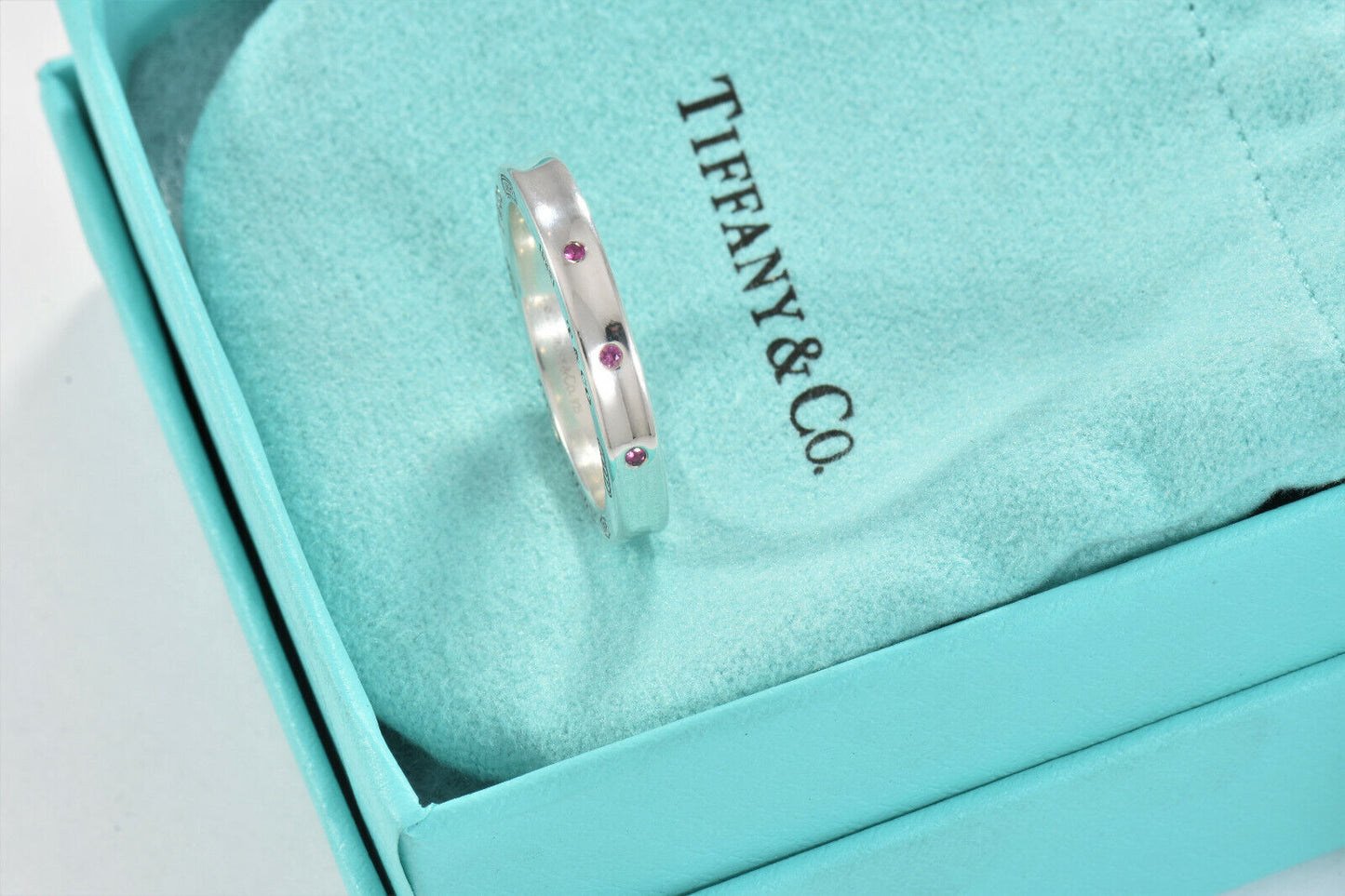 Tiffany & Co Silver 1837 Narrow 3 Pink Sapphire Band Stack Ring Size 5 in Pouch