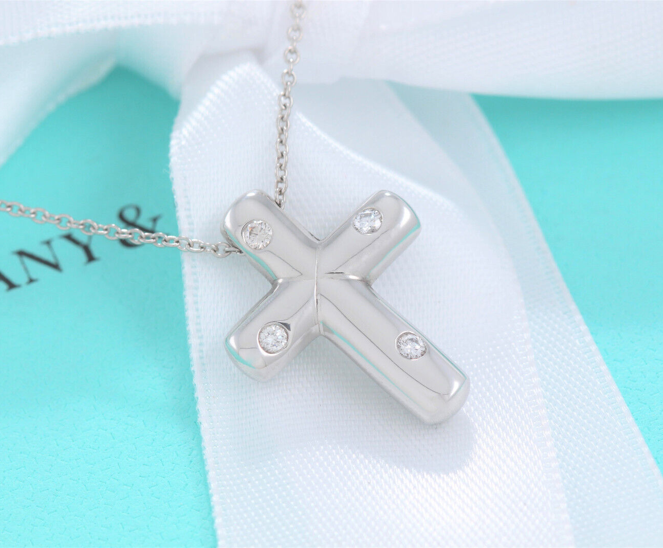 Tiffany & Co Diamond Platinum Etoile Cross Pendant 16.75" Necklace in Box Pouch