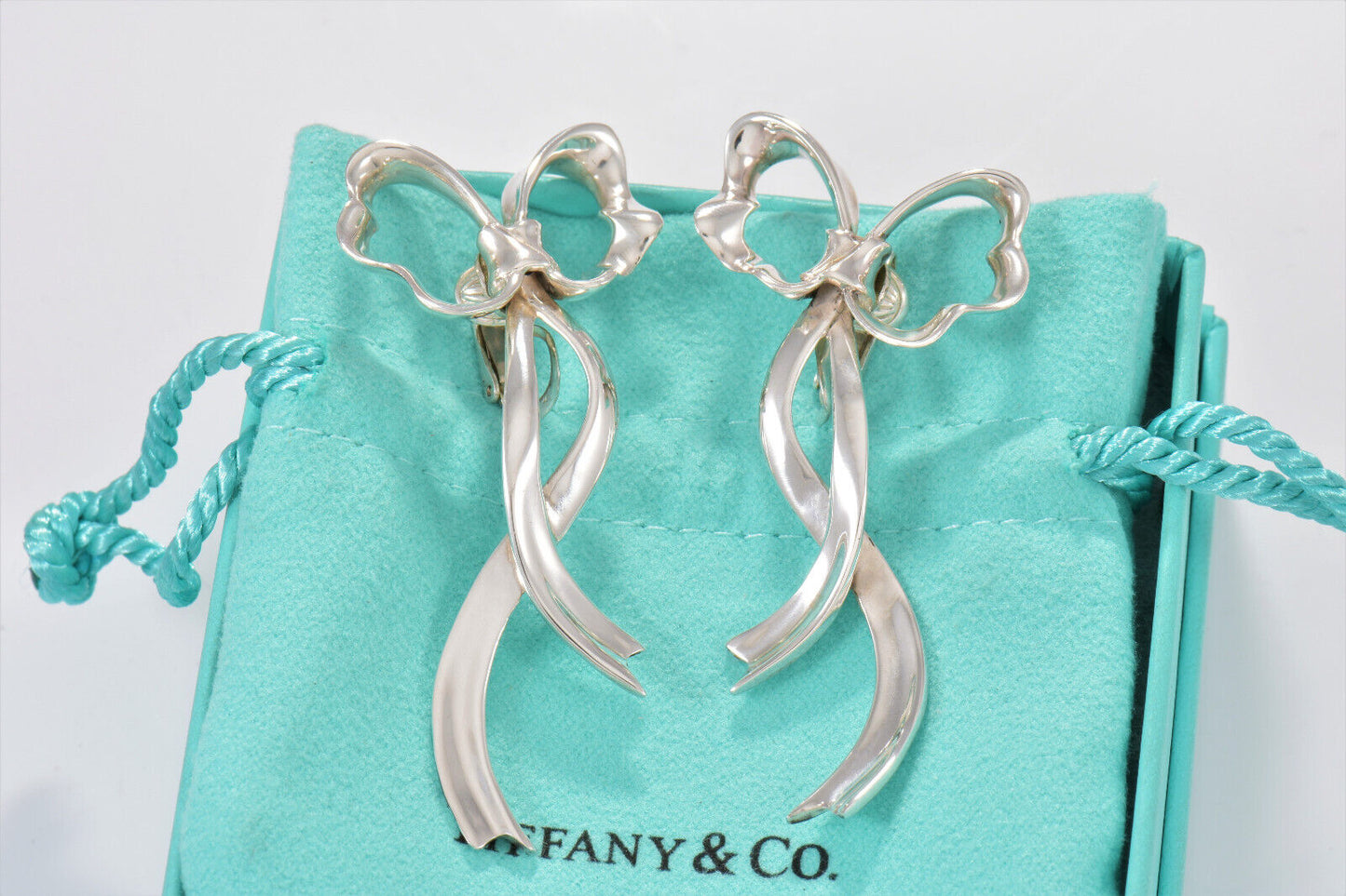 Vintage Tiffany & Co Silver Bow Ribbon 2.3" Large Drop Earrings in Pouch Clip On