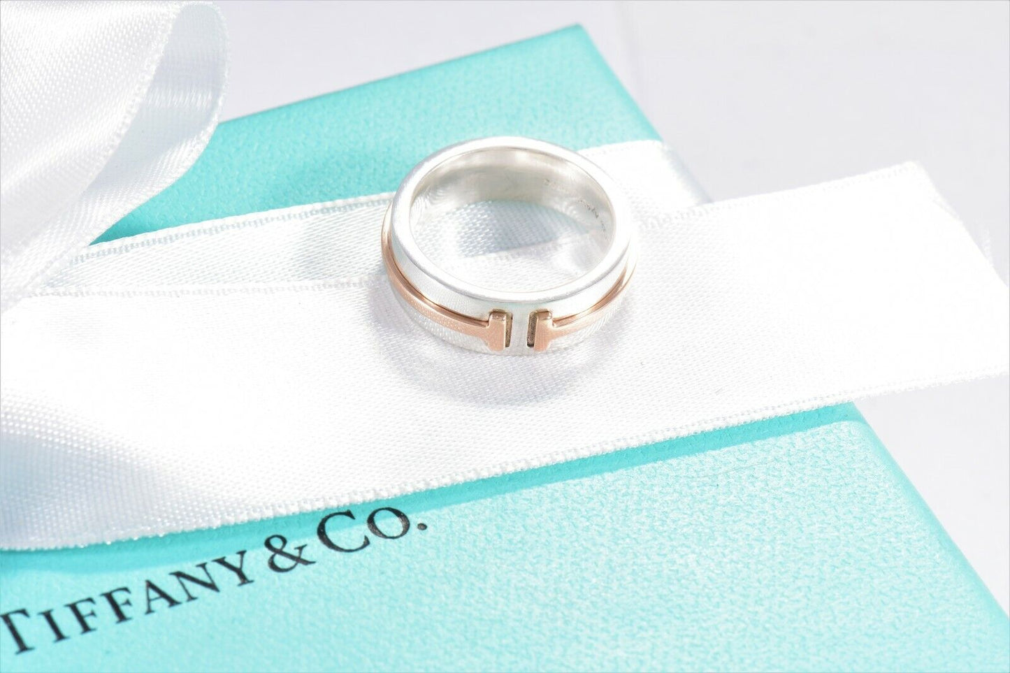 Tiffany & Co Silver 18k Rose Gold T Square 6mm Wide Band Ring Size 4 and Pouch