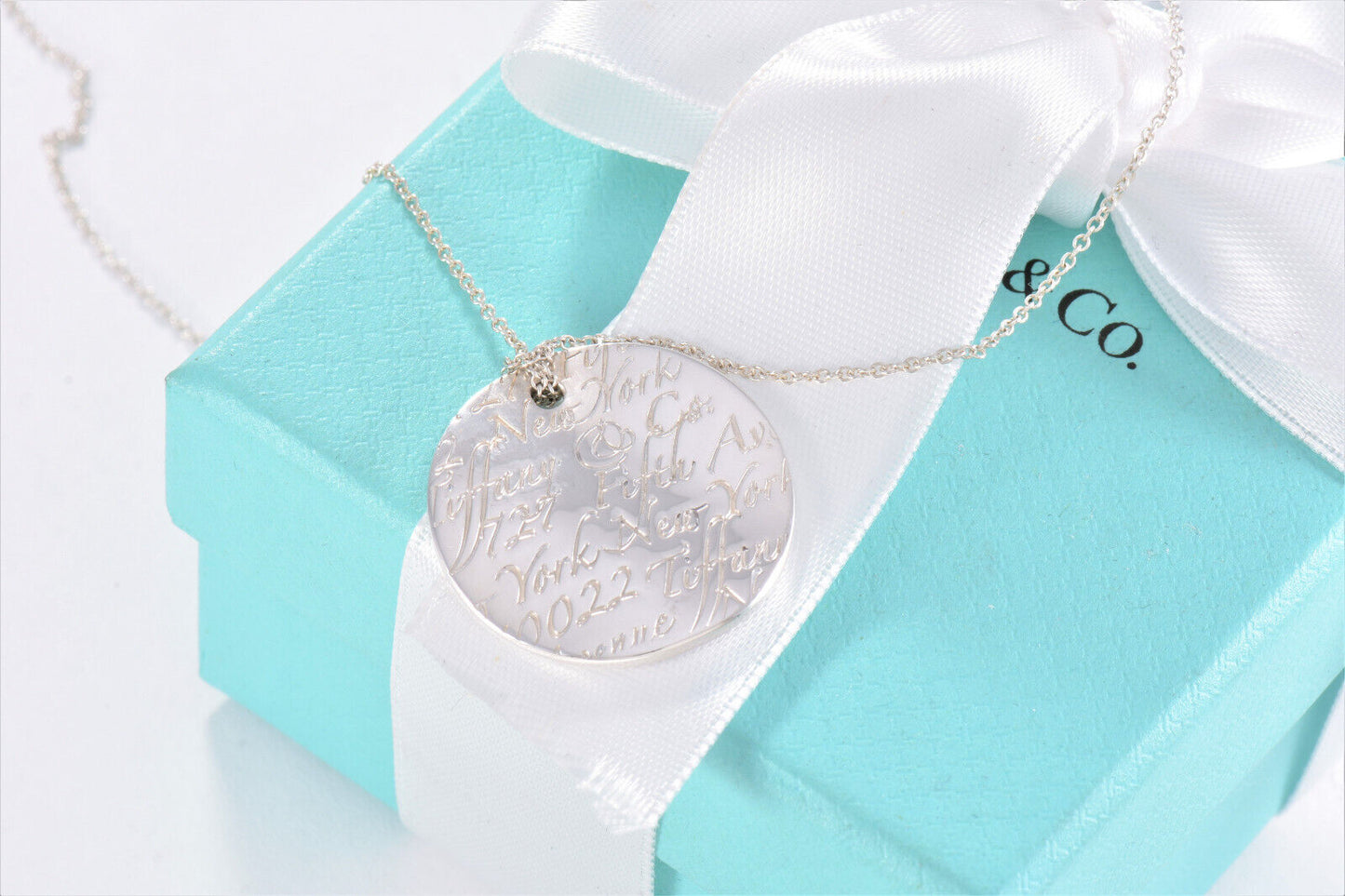 Tiffany & Co Silver NY Address Notes Wavy Round Disk Pendant 16" Necklace Circle