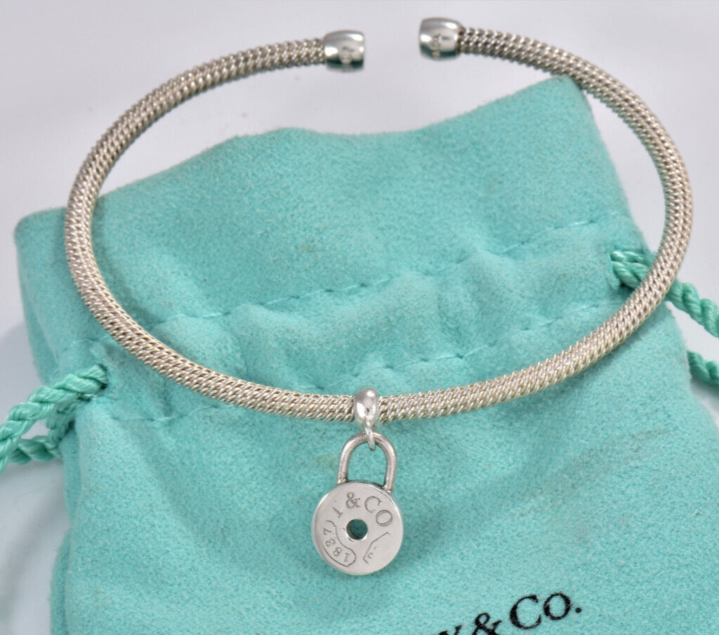 Rare Tiffany & Co Silver Dangling Lock Charm Mesh Cuff Bracelet & Pouch Flexible