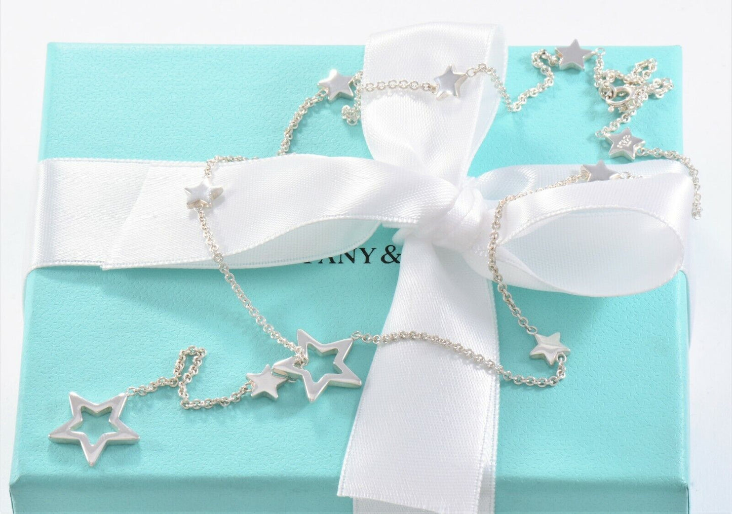 Tiffany & Co Silver Star Link Lariat Pendant Adjustable Necklace and Box Pouch