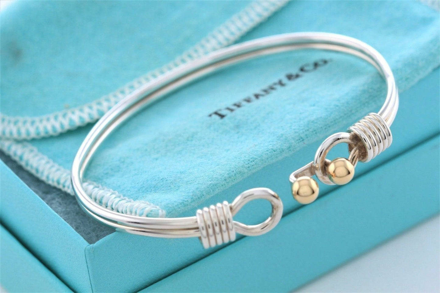 Vintage Tiffany & Co Silver 18K Gold Ball Coil Hook Bangle 6.6" Bracelet Cuff