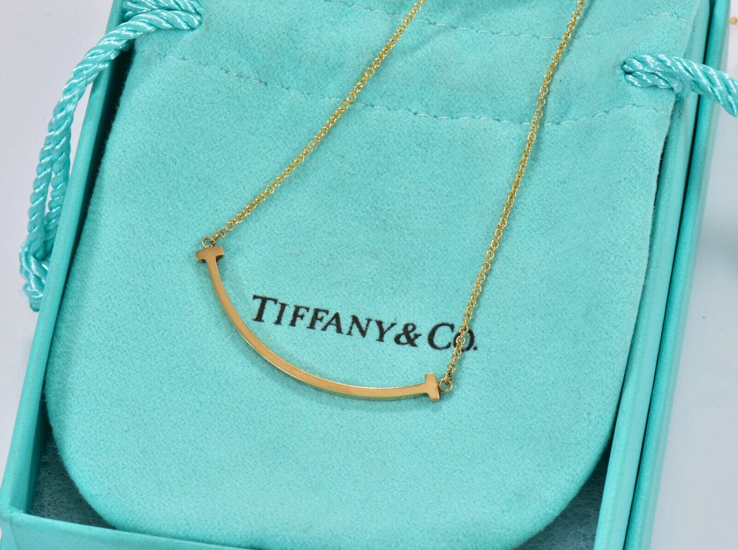 Tiffany & Co 18K Yellow Gold Small T Smile Pendant Necklace 16-18.4" & Box Pouch