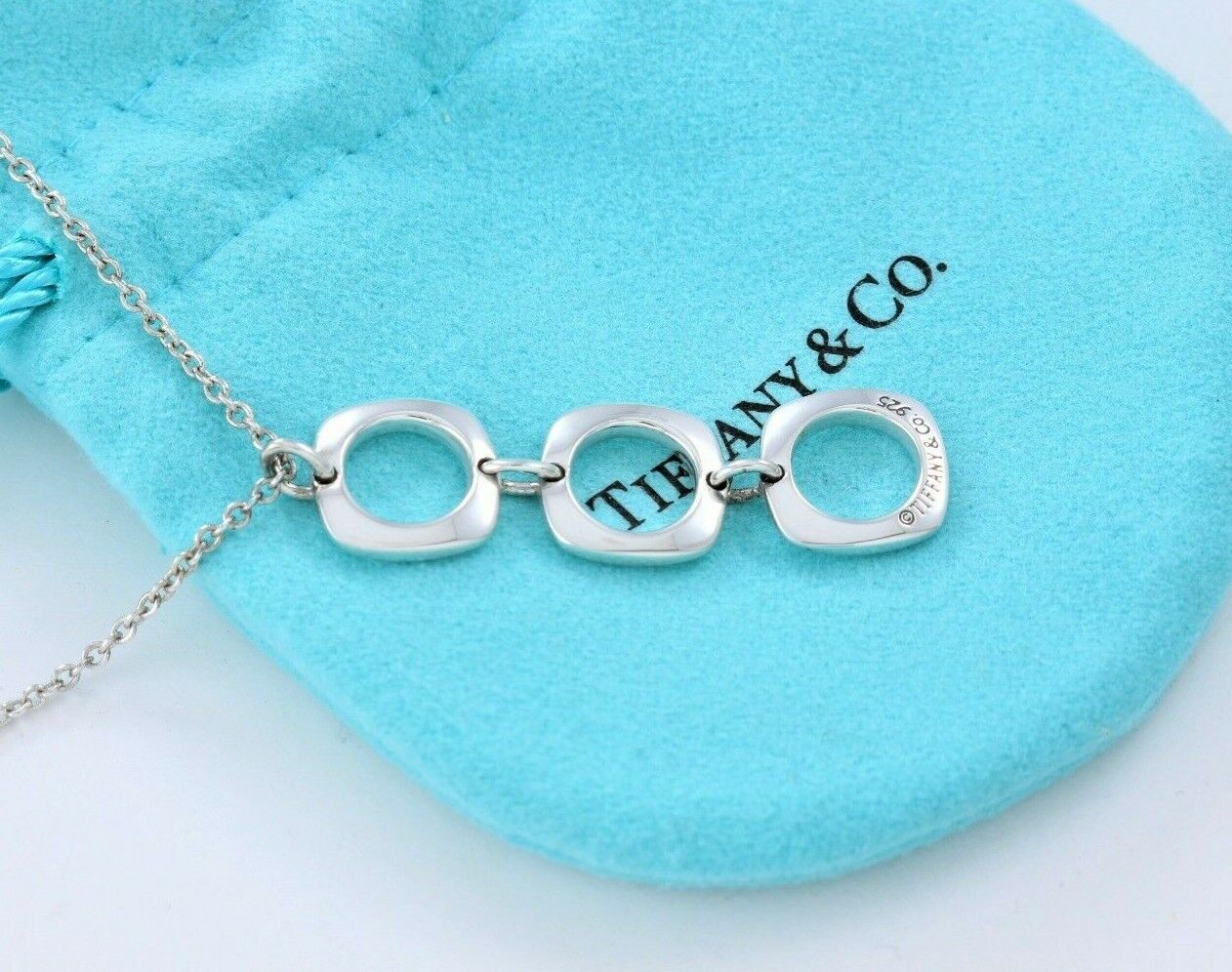 Tiffany & Co Silver Three Cushion Square Dangle Pendant Drop Necklace & Pouch