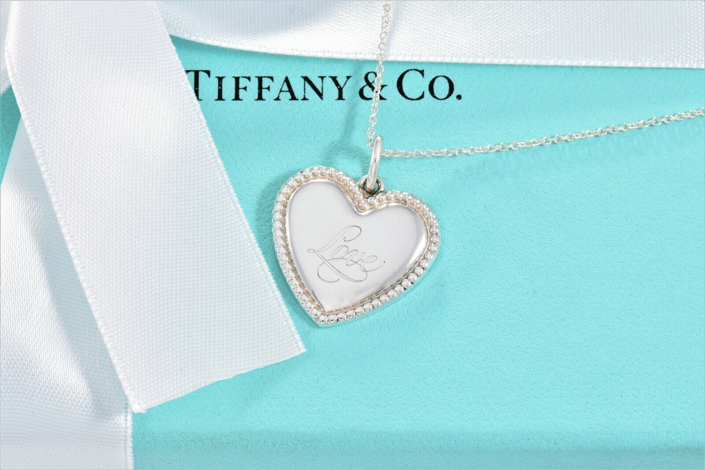 Tiffany & Co Silver Heart Love Signature Bead Pendant Necklace in Box Pouch Rare