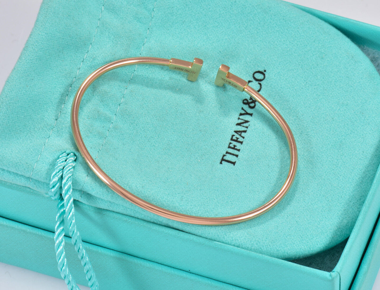 Tiffany & Co 18K Rose Gold Size Small 5.75" Narrow T Wire Bracelet in Box Pouch