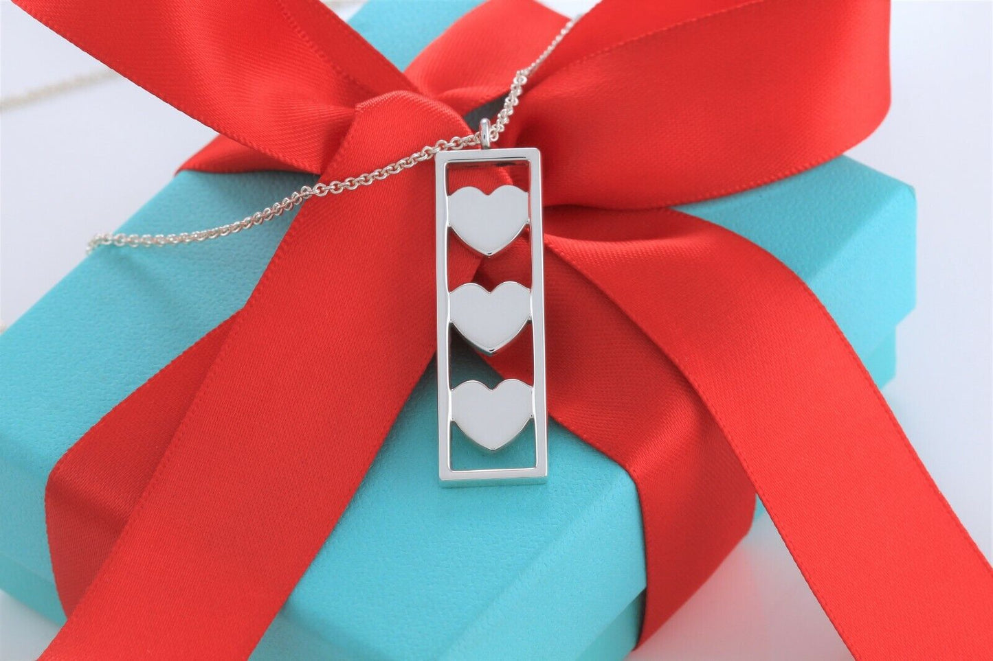 Tiffany & Co Sterling Silver Three Heart Bar Pendant 16" Necklace in Pouch Rare