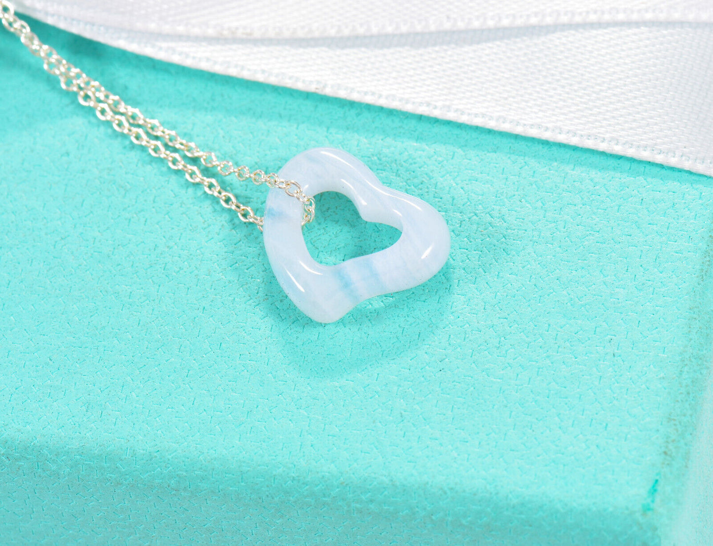 Tiffany & Co Silver Elsa Peretti Blue Agate Gem Open Heart Pendant 18" Necklace