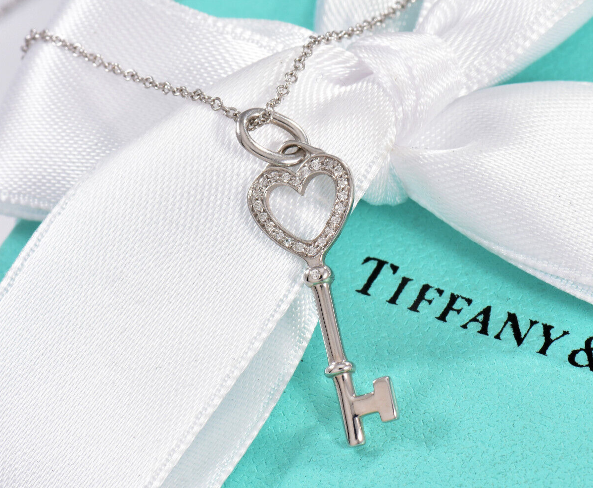 Tiffany & Co Diamond 18K White Gold Heart Key Pendant 18" Chain Necklace in Box