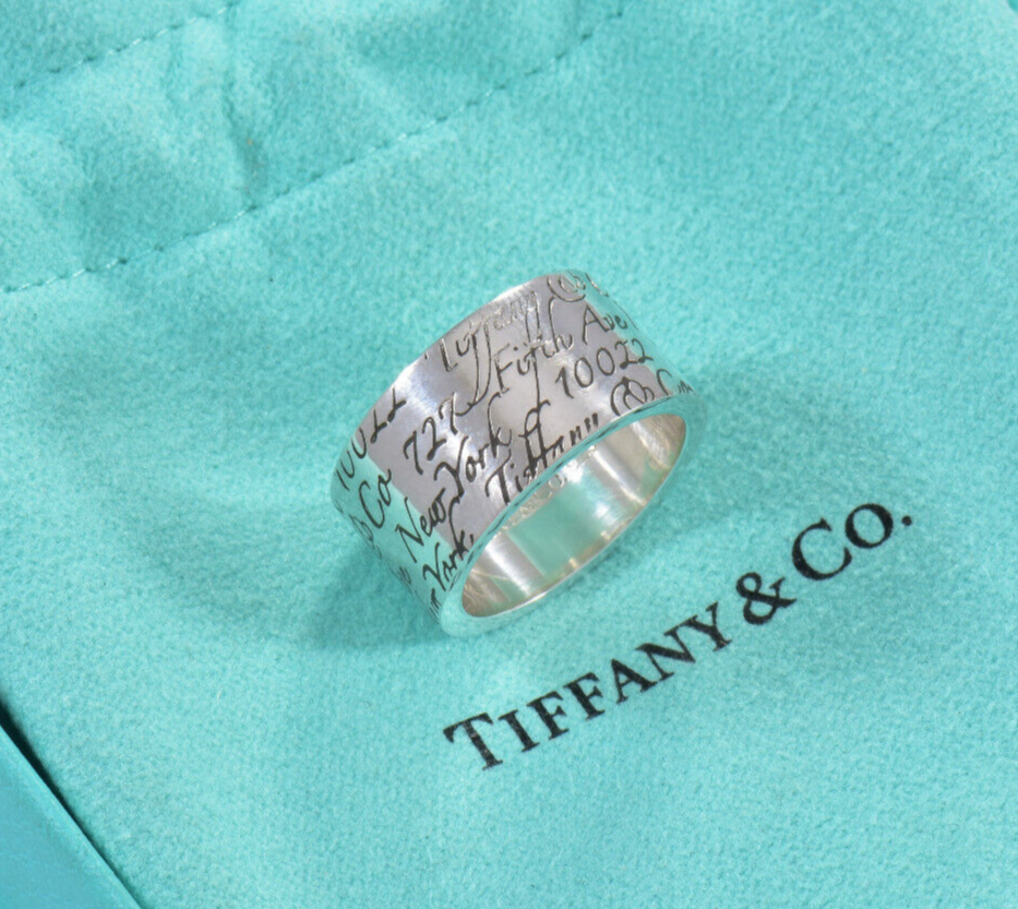 Tiffany & Co Silver Address Notes Script Wide Ring Size 8 in Box Pouch 10mm Band