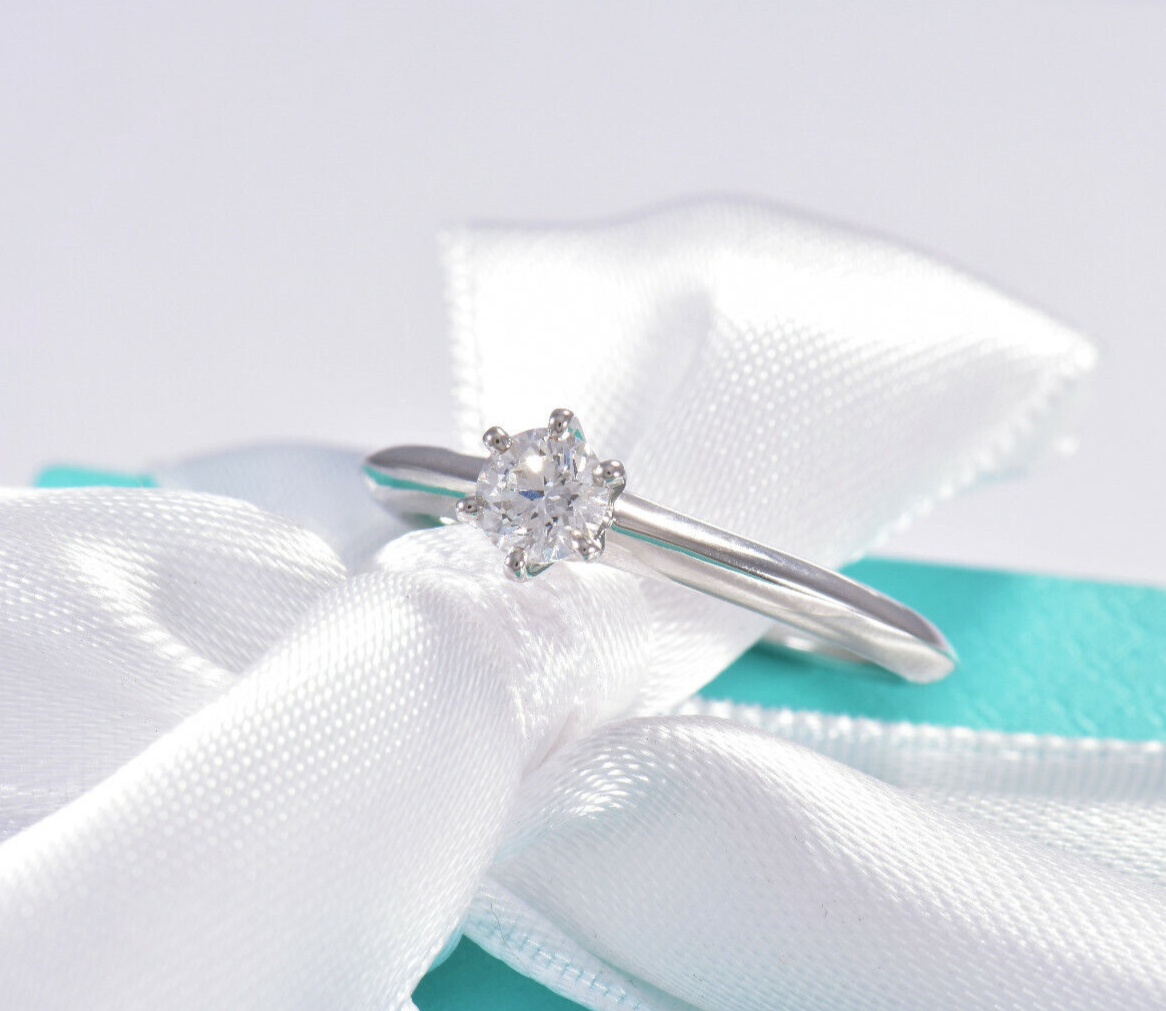 Tiffany & Co Platinum .27 ct Round Solitaire Diamond  Ring Size 5.25 & Box Pouch