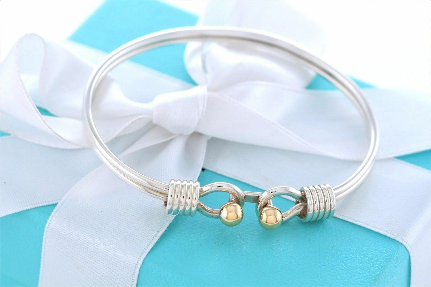 Vintage Tiffany & Co Silver 18K Gold Ball Coil Hook Bangle 6.6" Bracelet Cuff