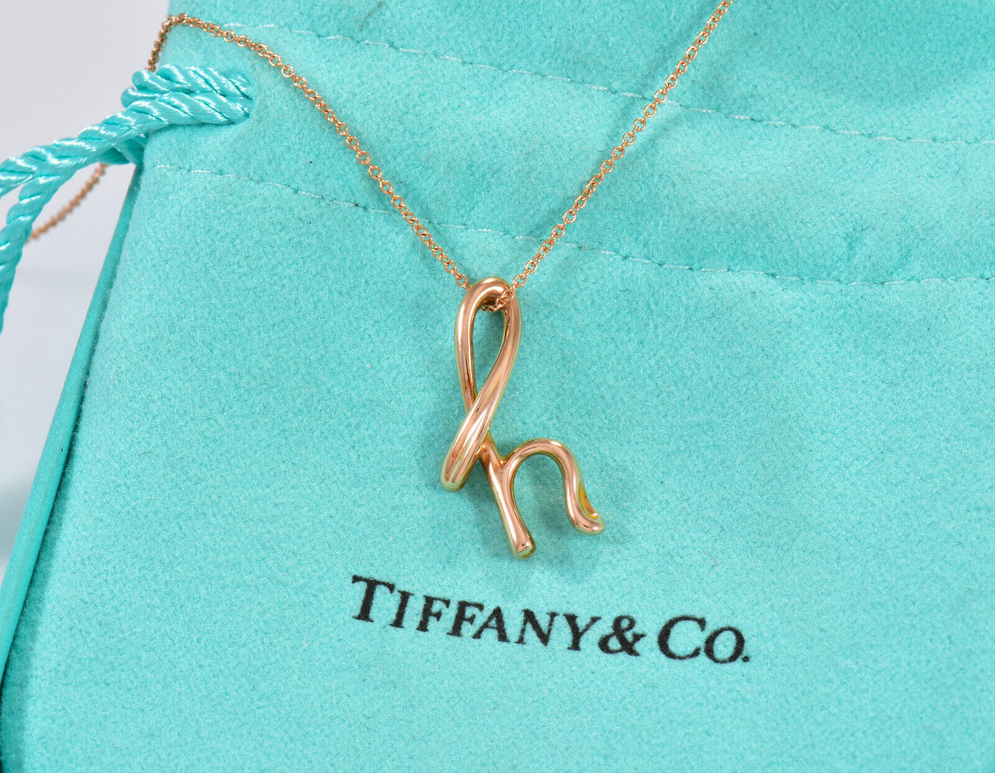 Tiffany & Co 18K Rose Gold Elsa Peretti Letter H Pendant 16.25" Necklace in Box