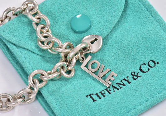 Tiffany & Co Sterling Silver Love Heart Two Charm 7.6" Chain Bracelet in Pouch