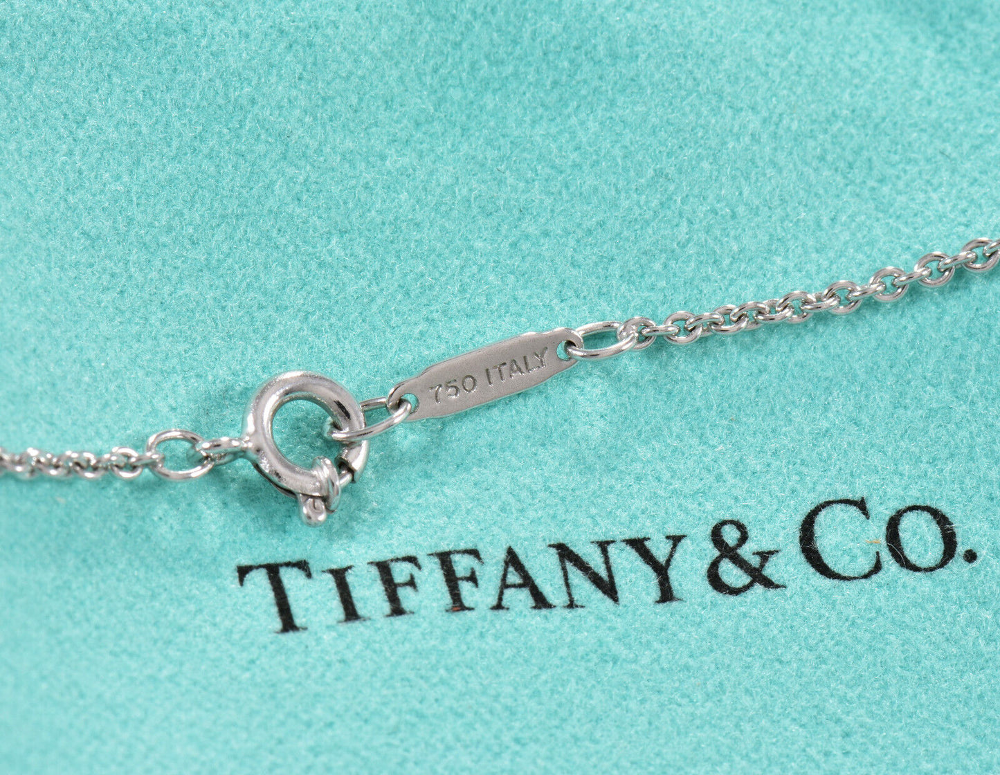 Tiffany & Co Diamond 18K White Gold Logo Bar Pendant 16.25" Necklace & Box Pouch