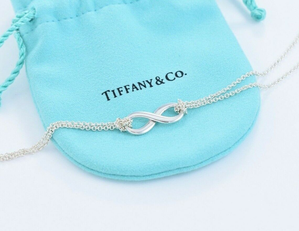 Tiffany & Co Sterling Silver Infinity Pendant 16" Double Chain Necklace in Pouch