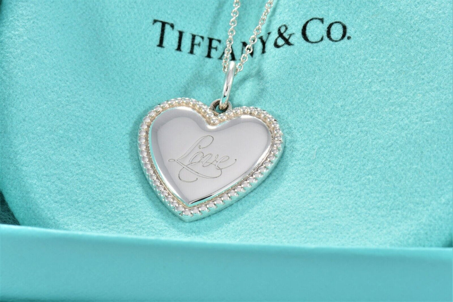 Tiffany & Co Silver Heart Love Signature Bead Pendant Necklace in Box Pouch Rare