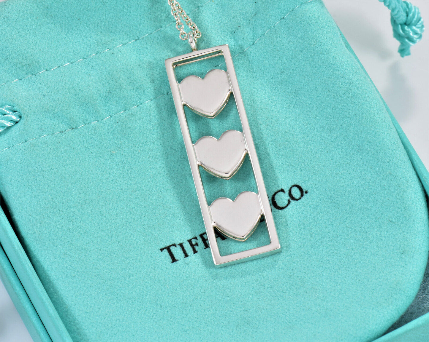 Tiffany & Co Sterling Silver Three Heart Bar Pendant 16" Necklace in Pouch Rare