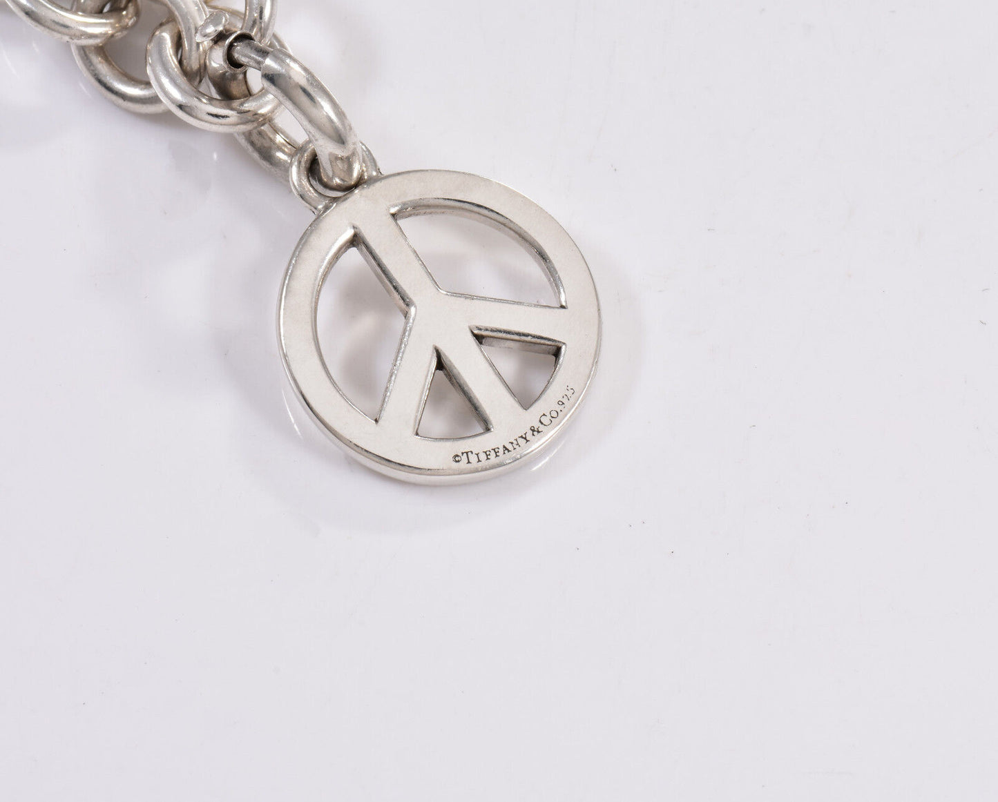 Tiffany & Co Silver Peace Sign Charm Toggle Link 8" Chain Bracelet in Pouch Rare