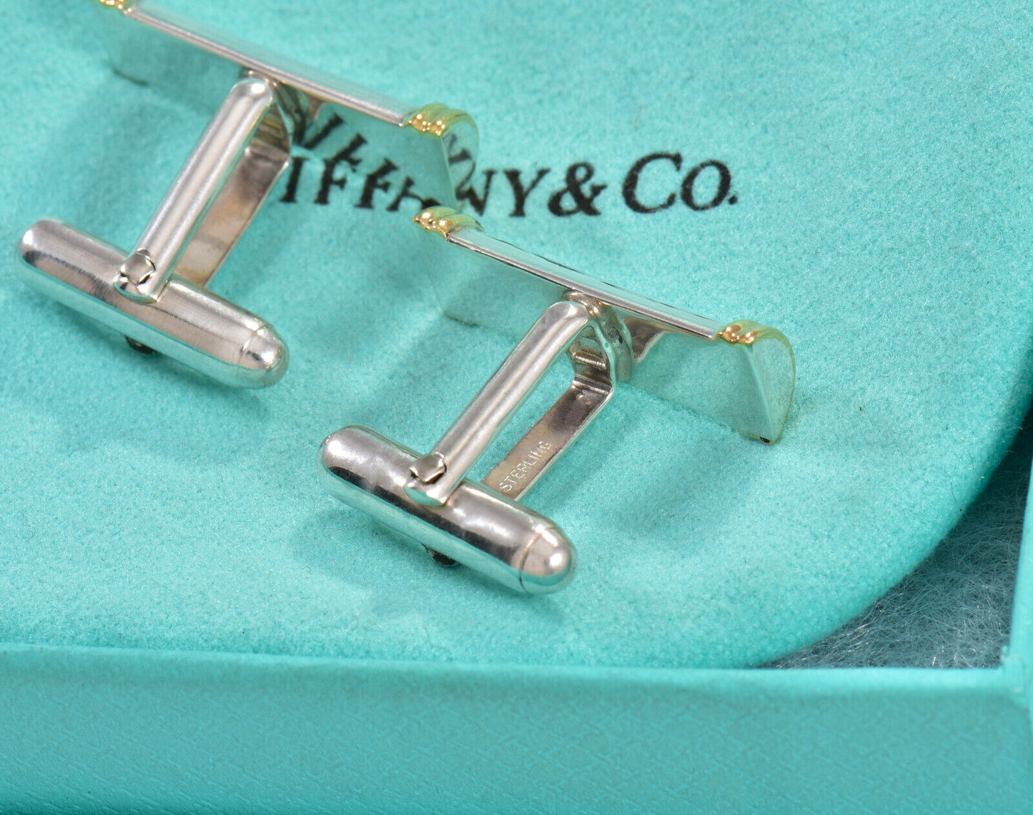 Tiffany & Co 18k Gold Silver Bar Coil Cufflinks in Pouch Mens Suit Pilot Rare