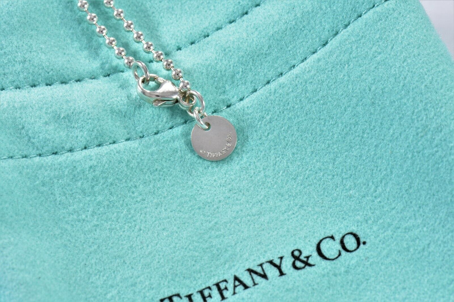 Tiffany & Co Silver Love Signature Heart Pendant Bead Necklace Box Pouch Ribbon